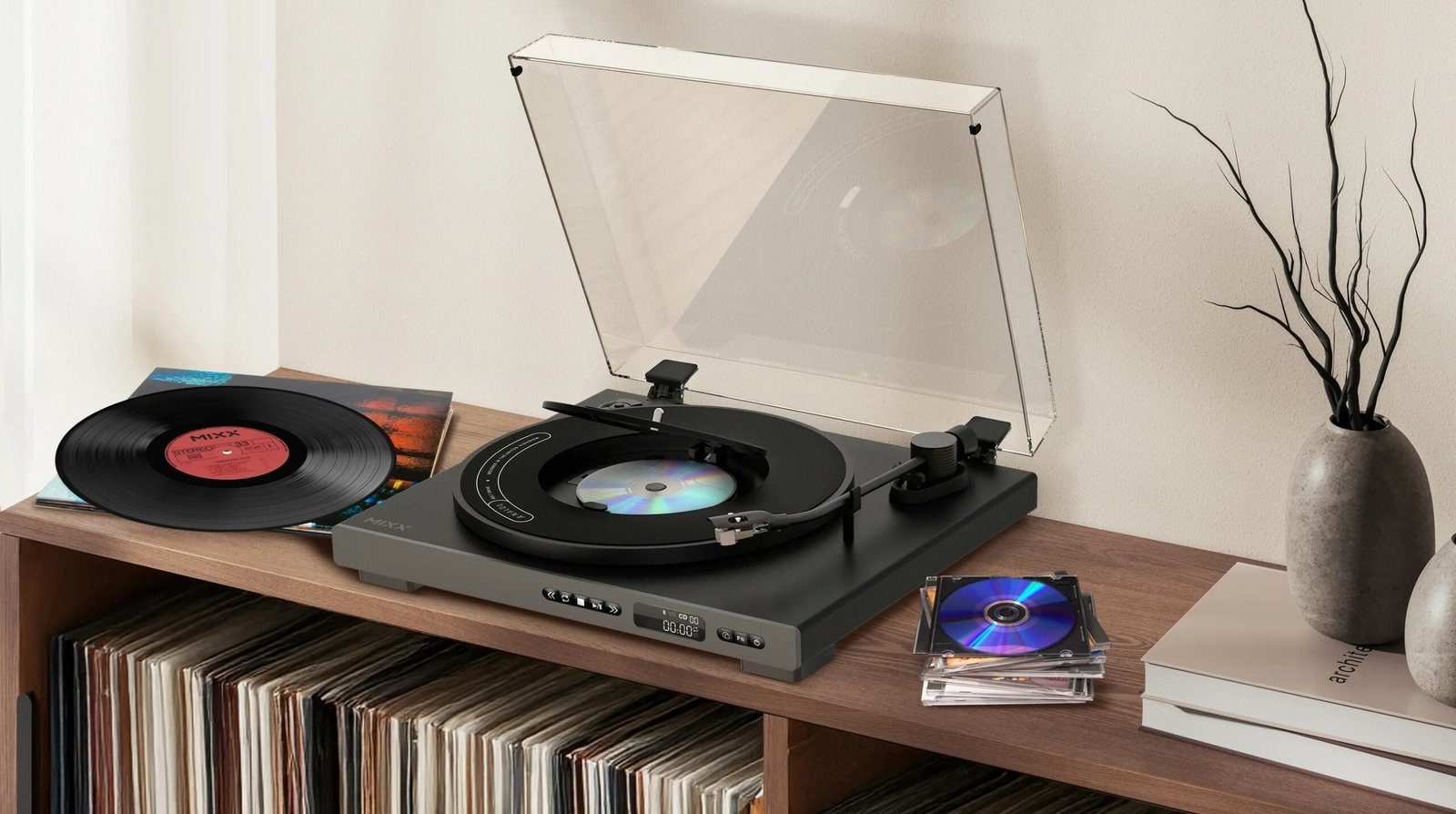 Vinyl and CDs in one compact player — Mixx Analog Plus blends retro formats with modern convenience and wireless playback.