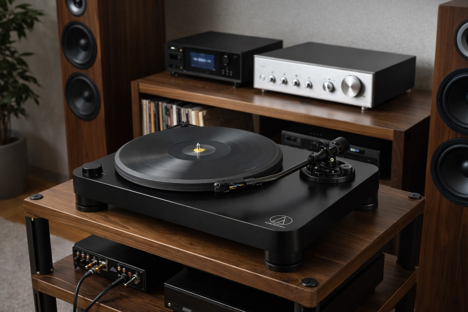 Audio-Technica’s AT-LP7X is a no-nonsense turntable for vinyl lovers, featuring a heavy plinth, acrylic platter, and adjustable J-shaped tonearm.