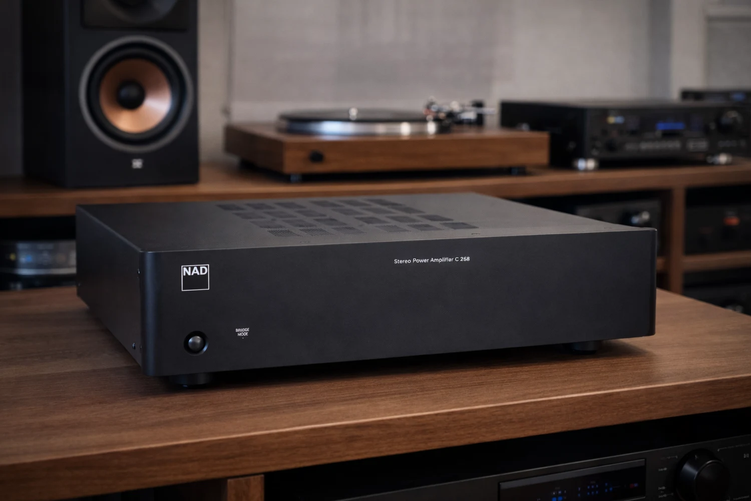 The NAD C268 offers clean Class D power, bridgeable 300W mono performance, balanced inputs, and NAD’s PowerDrive technology for effortless control of real speakers.